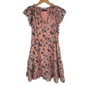 Vineyard Vines Pink Floral Tiered Ruffle Flutter Sleeve Mini Dress Womens Small